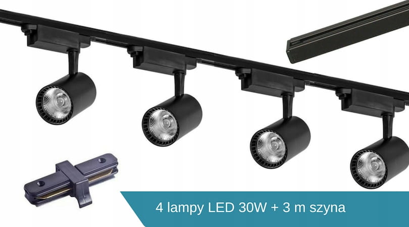 Zestaw 4x lampa na szynę czarna 30W 4000K + szyna 3m