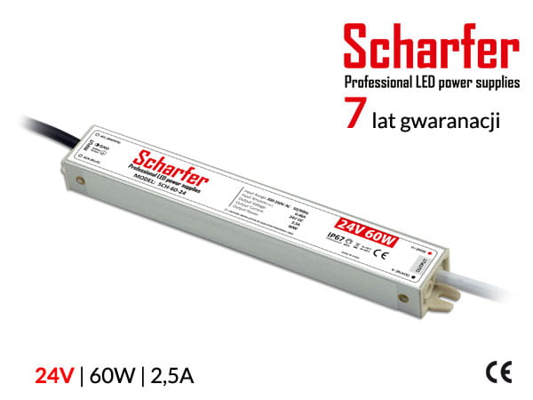 Zasilacz wodoszczelny Scharfer SCH-60-24 IP67 24V 60W — do wilgotnych pomieszczeń