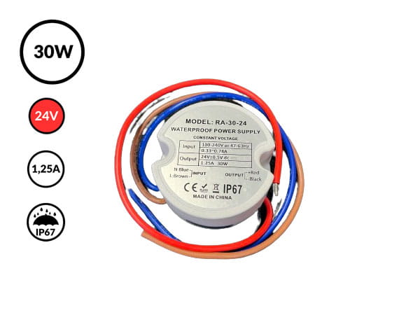 Zasilacz do puszki RA 24V 1,25A 30W IP67 — zasilacz do taśmy LED w puszce podtynkowej