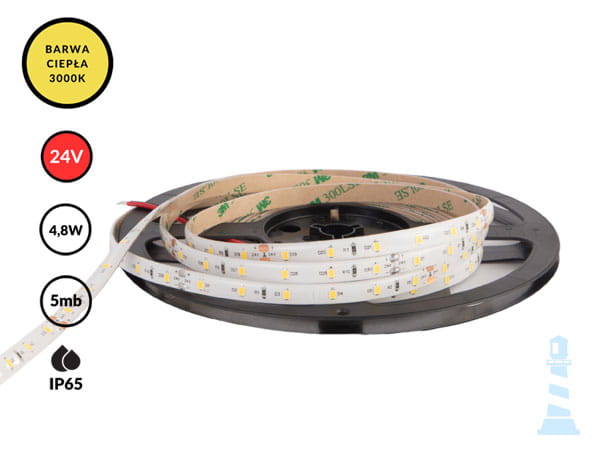 Taśma LED 24V SMD 4,8W IP65 3000K — wodoodporna do kuchni i łazienki